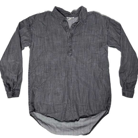 Eileen Fisher Organic Chambray Denim 1/4 Button Long Sleeve Top Women's XS - Picture 1 of 11
